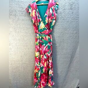 Bar 3 Floral Maxi Wrap Dress Ruffled Short Sleeve Flowy Wedding Sz Large